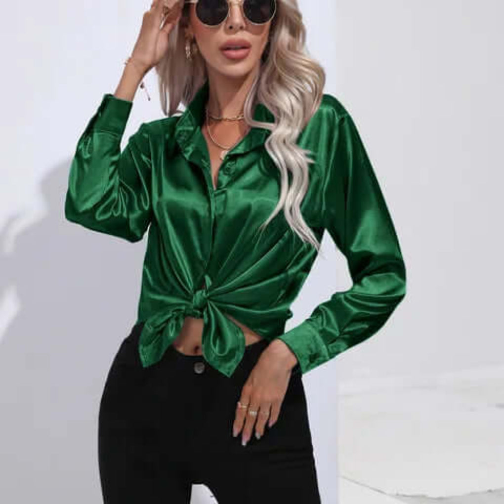Women's Luxurious Satin Blouse | Elegant Loose Fit Long Sleeve Top-Blouses-Mykonostore-Green-S-Mykonostore