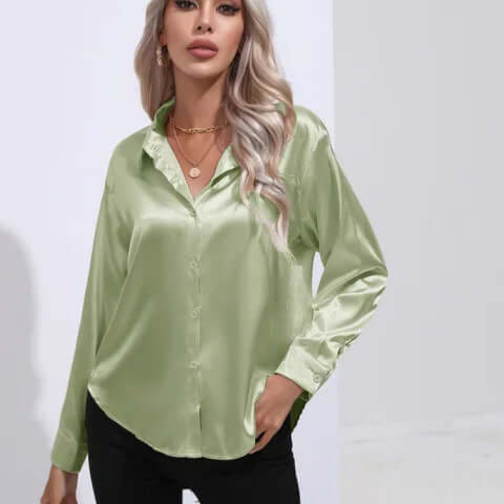 Women's Luxurious Satin Blouse | Elegant Loose Fit Long Sleeve Top-Blouses-Mykonostore-Light Green-S-Mykonostore