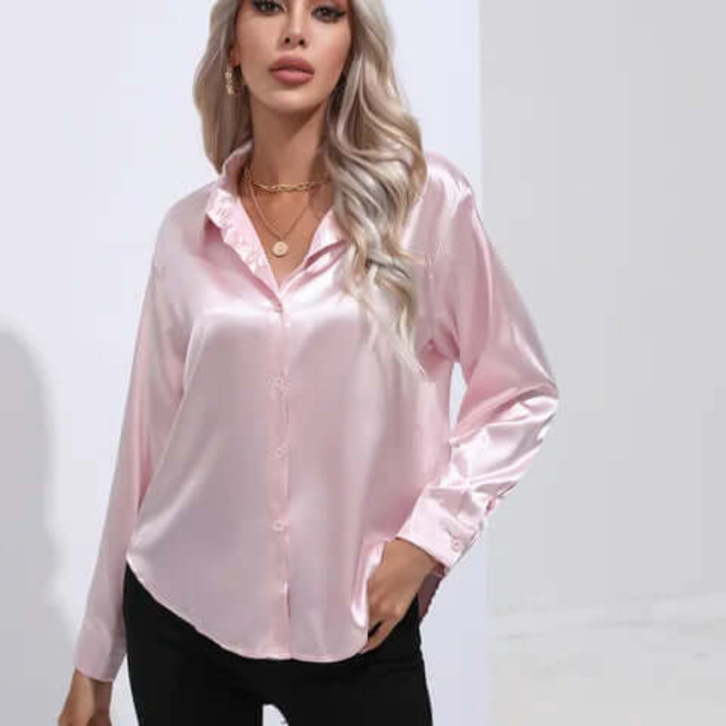 Women's Luxurious Satin Blouse | Elegant Loose Fit Long Sleeve Top-Blouses-Mykonostore-Pink-S-Mykonostore