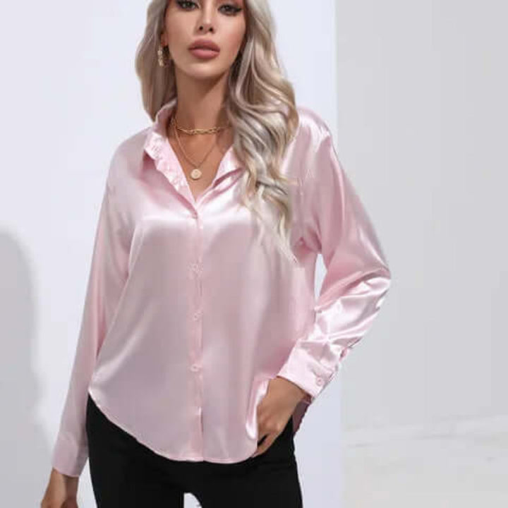 Women's Luxurious Satin Blouse | Elegant Loose Fit Long Sleeve Top-Blouses-Mykonostore-Pink-S-Mykonostore