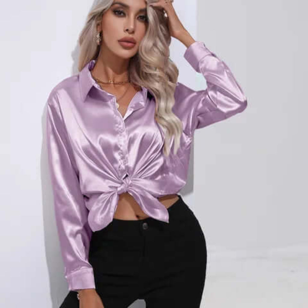 Women's Luxurious Satin Blouse | Elegant Loose Fit Long Sleeve Top-Blouses-Mykonostore-Purple-S-Mykonostore