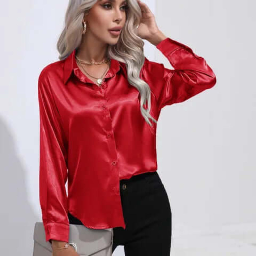 Women's Luxurious Satin Blouse | Elegant Loose Fit Long Sleeve Top-Blouses-Mykonostore-Red-S-Mykonostore