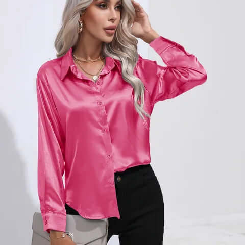 Women's Luxurious Satin Blouse | Elegant Loose Fit Long Sleeve Top-Blouses-Mykonostore-Rose Red-S-Mykonostore