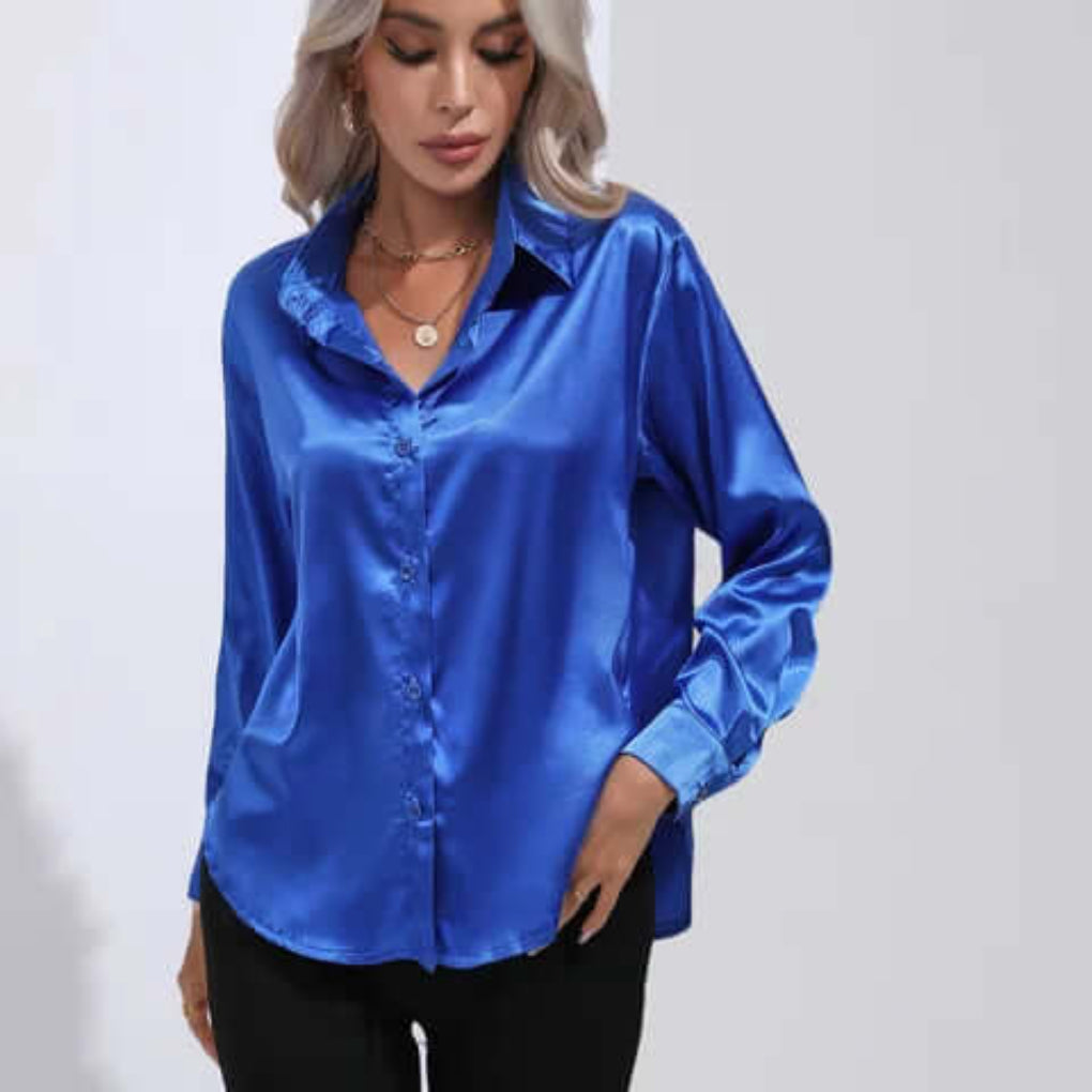 Women's Luxurious Satin Blouse | Elegant Loose Fit Long Sleeve Top-Blouses-Mykonostore-Royal Blue-S-Mykonostore