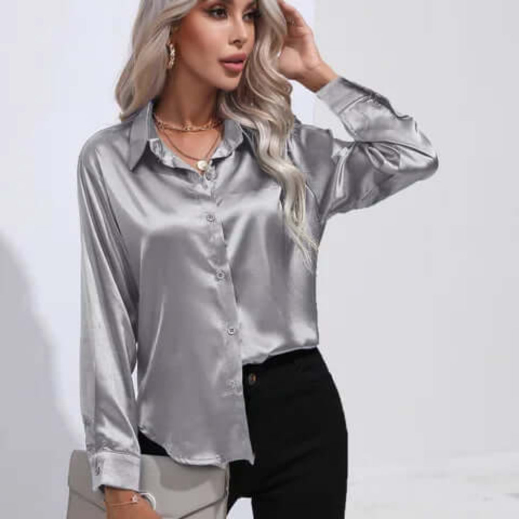 Women's Luxurious Satin Blouse | Elegant Loose Fit Long Sleeve Top-Blouses-Mykonostore-Silver Gray-S-Mykonostore