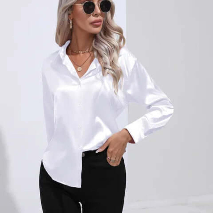 Women's Luxurious Satin Blouse | Elegant Loose Fit Long Sleeve Top-Blouses-Mykonostore-White-S-Mykonostore