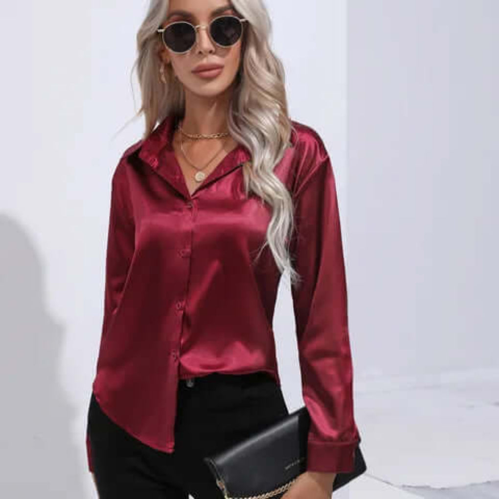 Women's Luxurious Satin Blouse | Elegant Loose Fit Long Sleeve Top-Blouses-Mykonostore-Wine Red-S-Mykonostore