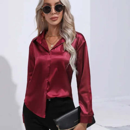 Women's Luxurious Satin Blouse | Elegant Loose Fit Long Sleeve Top-Blouses-Mykonostore-Wine Red-S-Mykonostore