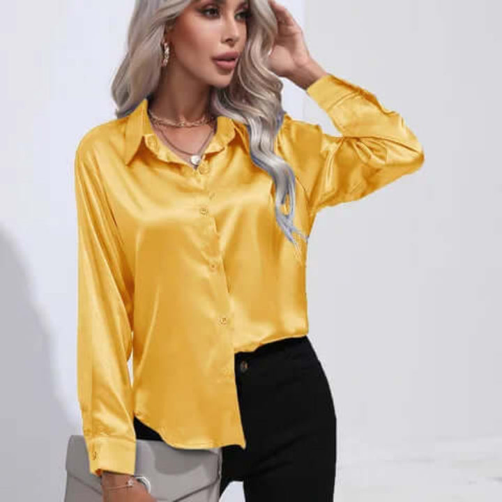 Women's Luxurious Satin Blouse | Elegant Loose Fit Long Sleeve Top-Blouses-Mykonostore-Yellow-S-Mykonostore