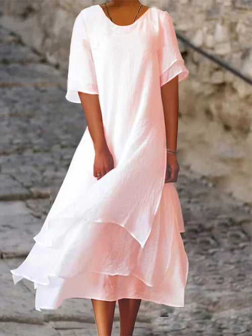 Women's Minimalist Solid Color Dress | Chic Relaxed Fit Knee-Length Outfit-Mykonostore-Pink-XS-Mykonostore