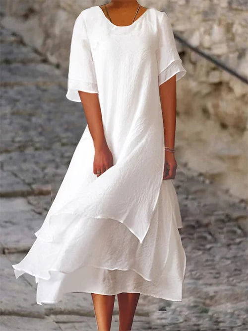 Women's Minimalist Solid Color Dress | Chic Relaxed Fit Knee-Length Outfit-Mykonostore-White-XS-Mykonostore
