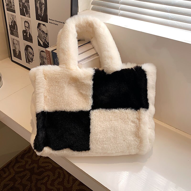 Women's Plush Handbag | Compact Chic Winter Accessory-Mykonostore-White/Black-Mykonostore