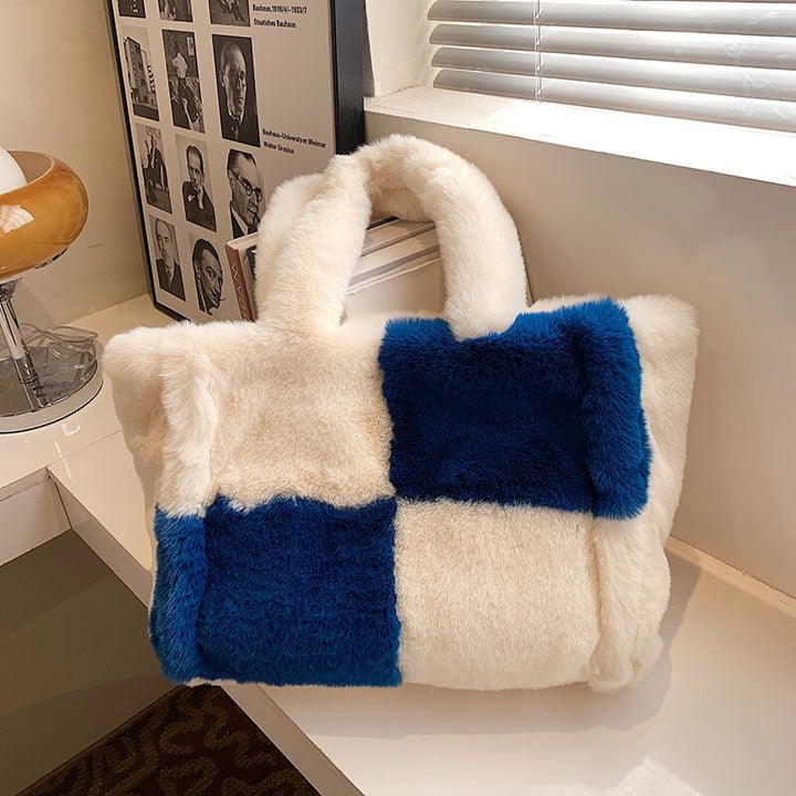 Women's Plush Handbag | Compact Chic Winter Accessory-Mykonostore-White/Blue-Mykonostore