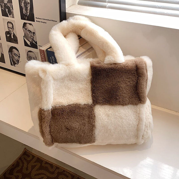 Women's Plush Handbag | Compact Chic Winter Accessory-Mykonostore-White/Brown-Mykonostore