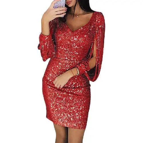 Women's Shimmering Evening Dress | Elegant Fit and Flare Silhouette-Kleider-Mykonostore-Red-S-Mykonostore