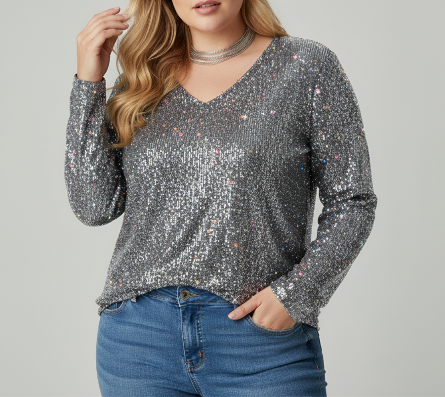 Women's Shimmering V-Neck Blouse | Elegant Loose-Fit Long Sleeve Top-Mykonostore-Silver-L-Mykonostore