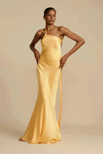 Women's Silky One-Shoulder Evening Dress | Elegant Sculptural Fit Gown-Mykonostore-Lemon Yellow-S-Mykonostore