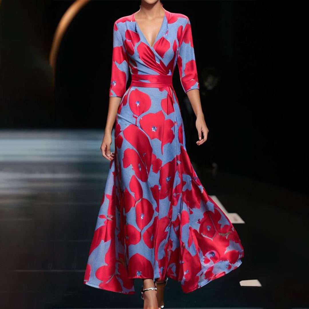 Women's Smooth Maxi Dress | Elegant V-Neck Three-Quarter Sleeve Summer Gown-Mykonostore-Red Gray-S-Mykonostore