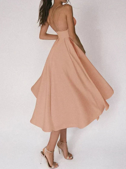 Women's Smooth V-Neck Mini Dress | Elegant Strappy Summer Cocktail Dress-Mykonostore-Apricot-S-Mykonostore