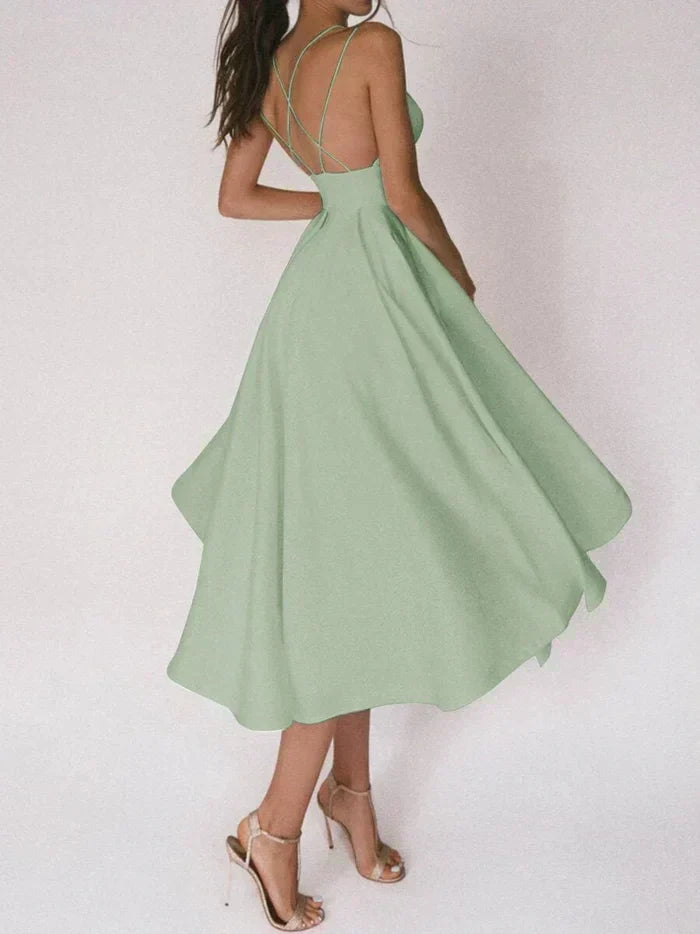 Women's Smooth V-Neck Mini Dress | Elegant Strappy Summer Cocktail Dress-Mykonostore-Green-S-Mykonostore