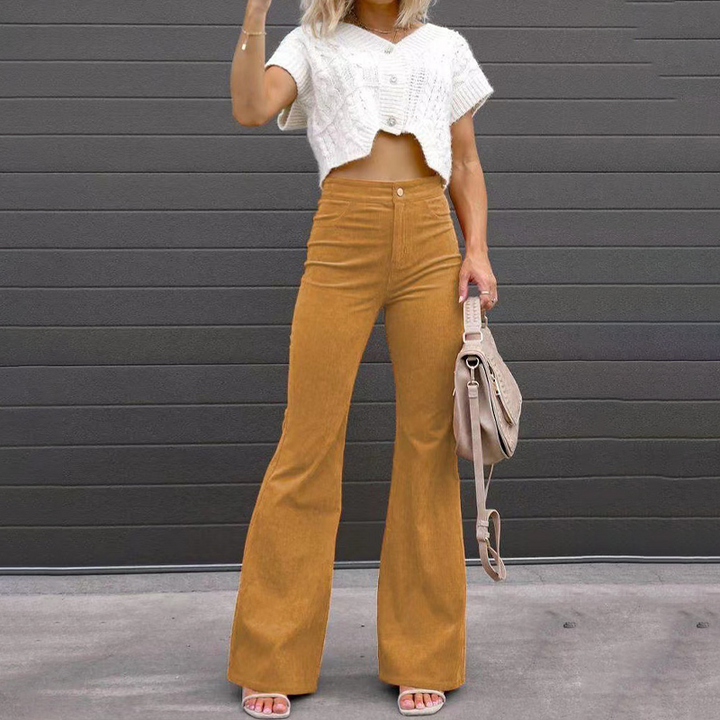 Women's Soft Corduroy Flare Pants | Elegant High-Waist Wide Leg Trousers-Women's Trousers-Mykonostore-Mykonostore
