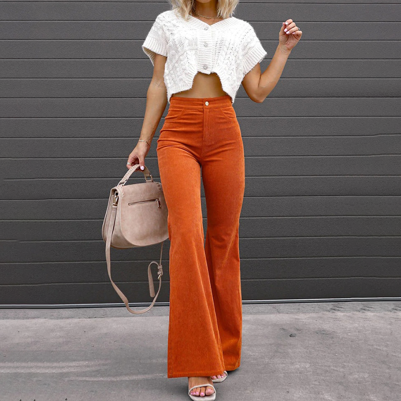 Women's Soft Corduroy Flare Pants | Elegant High-Waist Wide Leg Trousers-Women's Trousers-Mykonostore-Orange-S-Mykonostore