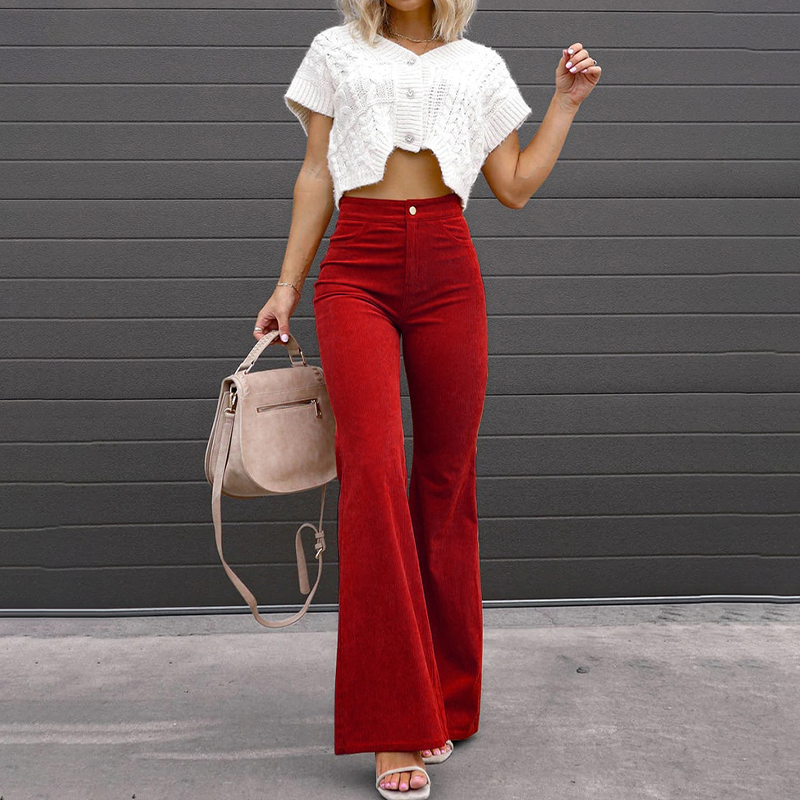 Women's Soft Corduroy Flare Pants | Elegant High-Waist Wide Leg Trousers-Women's Trousers-Mykonostore-Red-S-Mykonostore