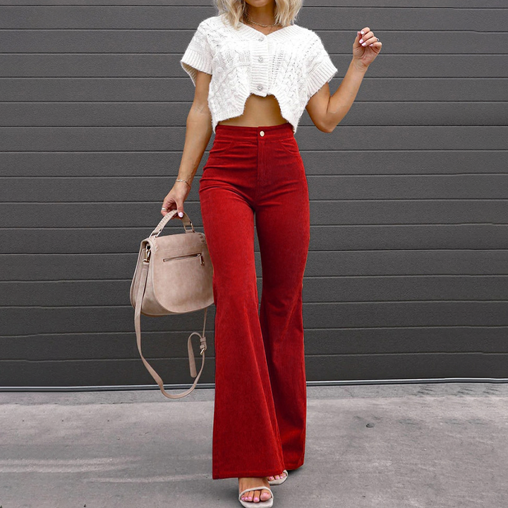 Women's Soft Corduroy Flare Pants | Elegant High-Waist Wide Leg Trousers-Women's Trousers-Mykonostore-Red-S-Mykonostore