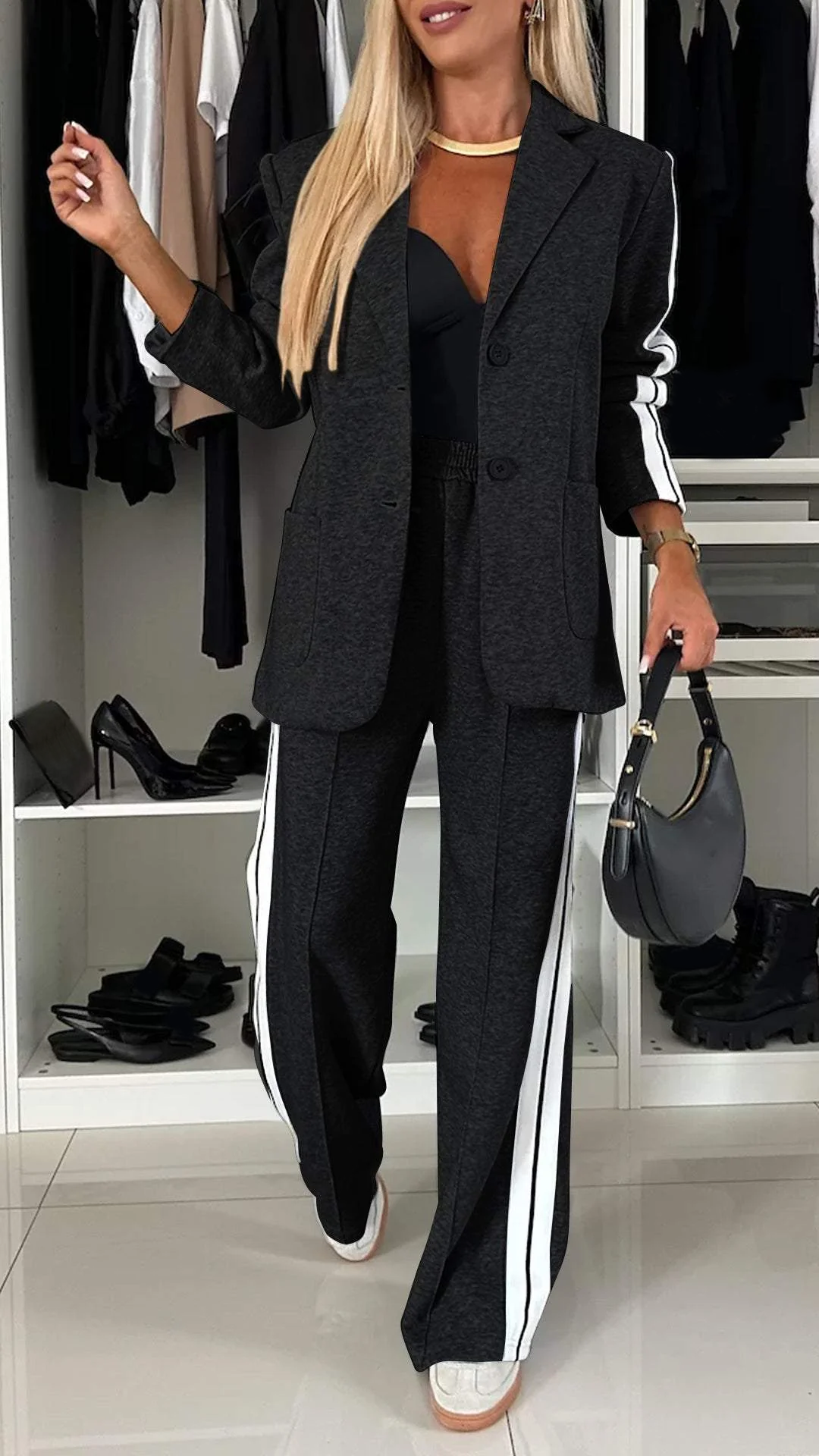 Women's Soft Fabric Blend Tracksuit | Sporty Elegant Blazer and Trousers-Tracksuits-Mykonostore-Black-S-Mykonostore