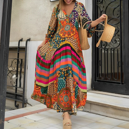 Women's Soft Geometric Maxi Dress | Chic Bohemian Style Summer Gown-Mykonostore-XS-Mykonostore