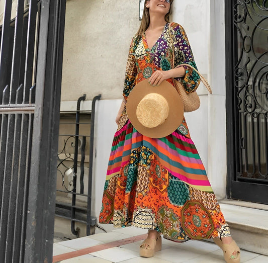Women's Soft Geometric Maxi Dress | Chic Bohemian Style Summer Gown-Mykonostore-Mykonostore