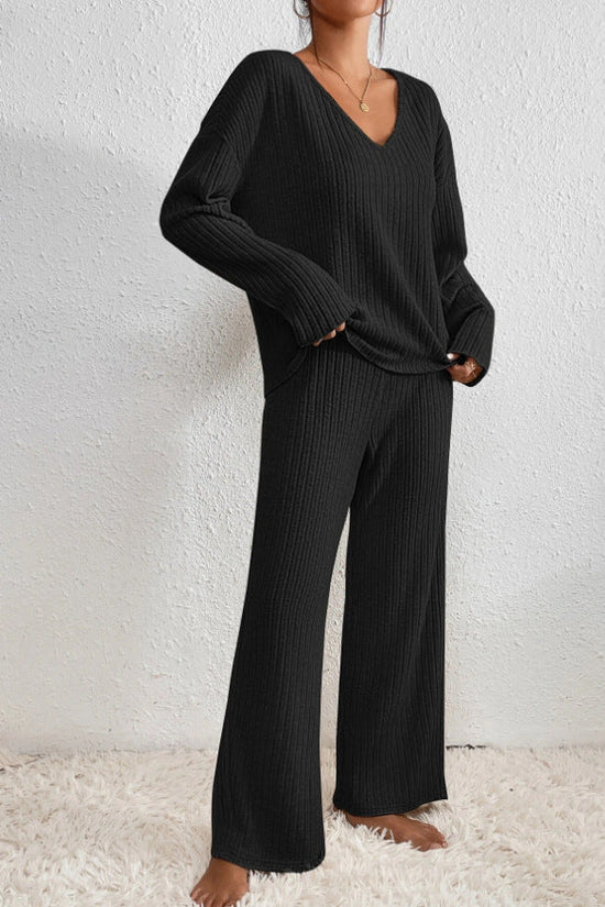 Women's Soft Ribbed Loungewear Set | Comfortable Relaxed Fit Lounge Set-Women's Loungewear-Mykonostore-Black-S-Mykonostore