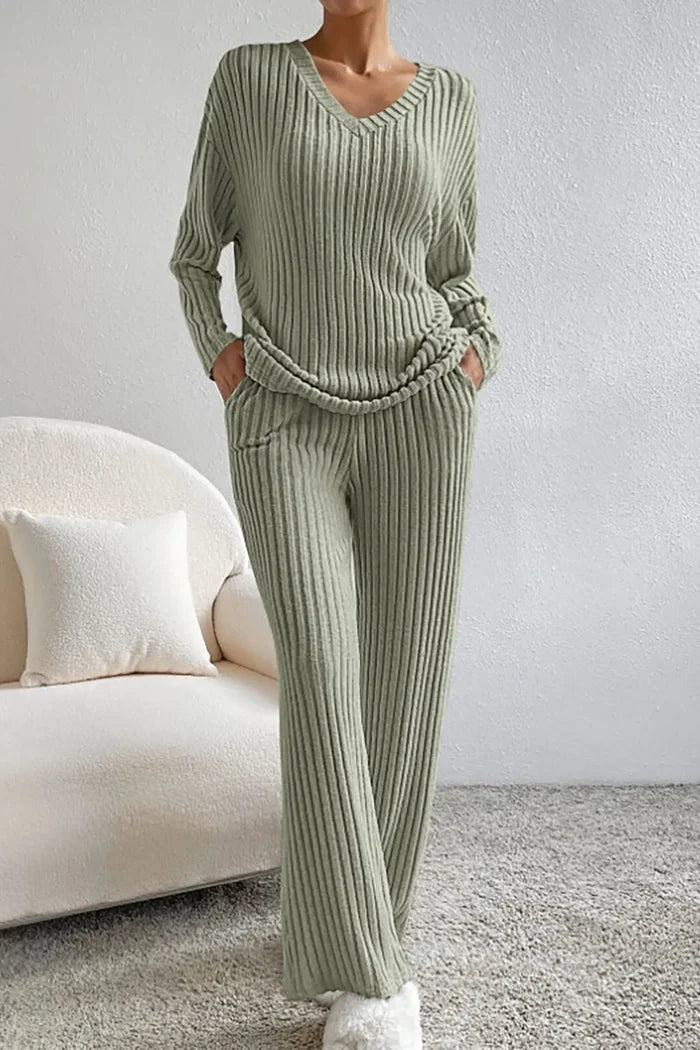 Women's Soft Ribbed Loungewear Set | Comfortable Relaxed Fit Lounge Set-Women's Loungewear-Mykonostore-Olive Green-S-Mykonostore