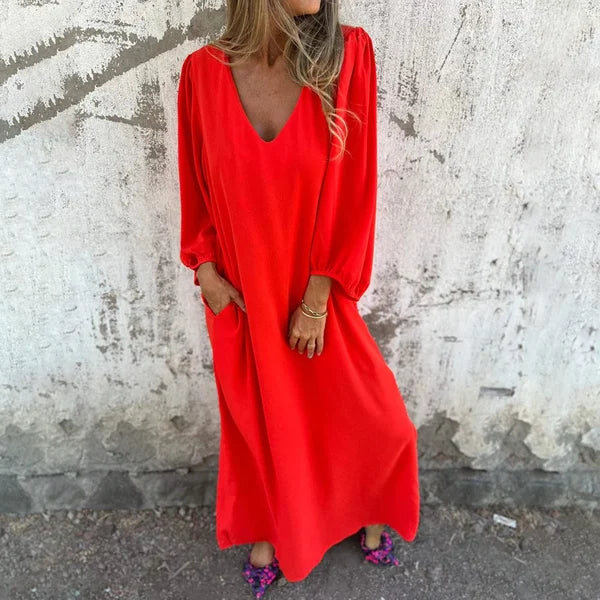 Women's Soft Touch Casual Dress | Relaxed Fit Lantern Sleeve Everyday Wear-Mykonostore-Orange Red-S-Mykonostore