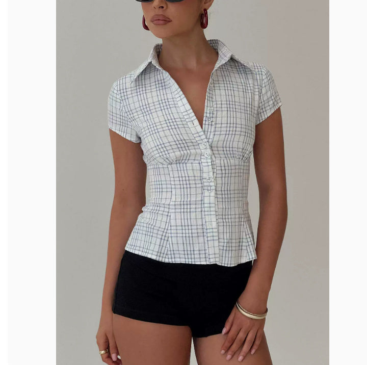 Women's Soft-Touch Checkered Blouse | Tailored Short Sleeve Top-Mykonostore-Blue-S-Mykonostore