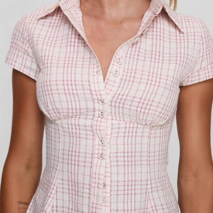 Women's Soft-Touch Checkered Blouse | Tailored Short Sleeve Top-Mykonostore-Red-S-Mykonostore