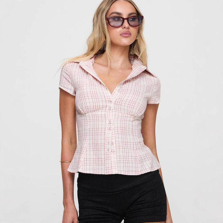 Women's Soft-Touch Checkered Blouse | Tailored Short Sleeve Top-Mykonostore-Mykonostore