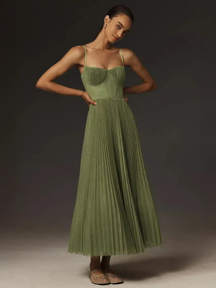 Women's Soft Touch Midi Dress | Elegant Slim Straps Summer Outfit-Women's Dresses-Mykonostore-Green-S-Mykonostore
