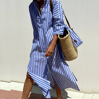 Women's Soft Touch Striped Midi Dress | Relaxed Fit Casual Wear-Mykonostore-Blue-S-Mykonostore
