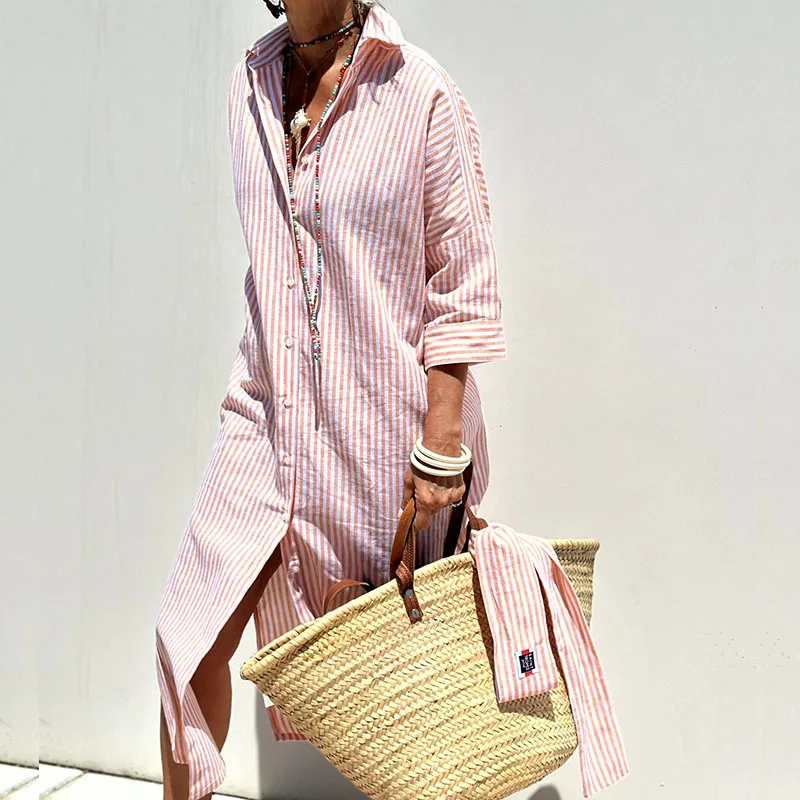 Women's Soft Touch Striped Midi Dress | Relaxed Fit Casual Wear-Mykonostore-Pink-S-Mykonostore