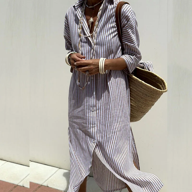 Women's Soft Touch Striped Midi Dress | Relaxed Fit Casual Wear-Mykonostore-Purple-S-Mykonostore