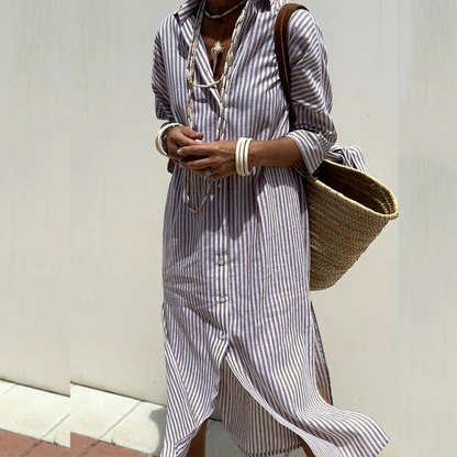 Women's Soft Touch Striped Midi Dress | Relaxed Fit Casual Wear-Mykonostore-Purple-S-Mykonostore