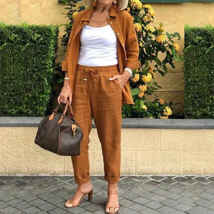 Women's Soft Touch Two-Piece Set | Relaxed Button-Down Shirt and Drawstring Pants-Mykonostore-Brown-XS-Mykonostore