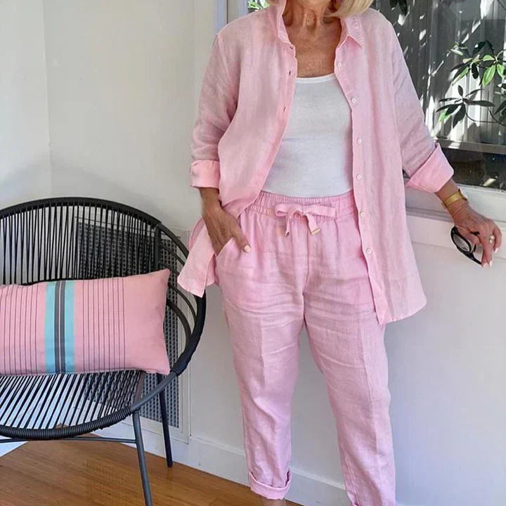 Women's Soft Touch Two-Piece Set | Relaxed Button-Down Shirt and Drawstring Pants-Mykonostore-Pink-XS-Mykonostore