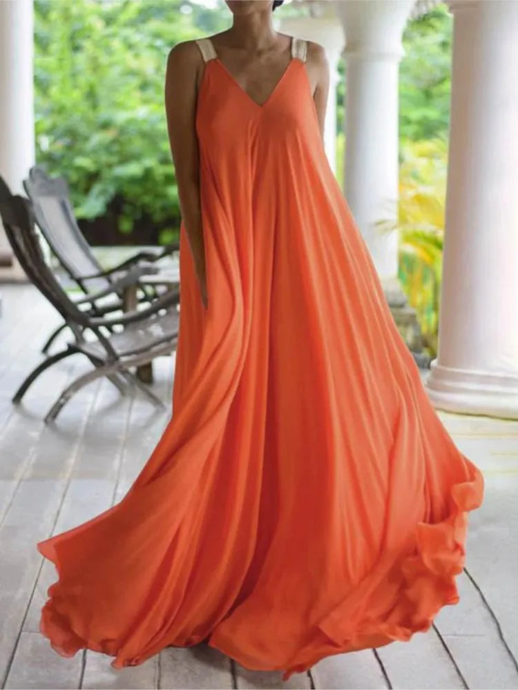 Women's Solid Color Maxi Dress | Elegant Sleeveless V-Neck Boho Style-Mykonostore-Mykonostore