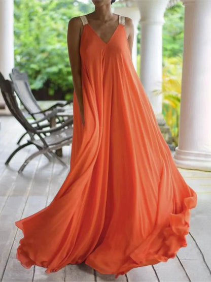 Women's Solid Color Maxi Dress | Elegant Sleeveless V-Neck Boho Style-Mykonostore-Mykonostore