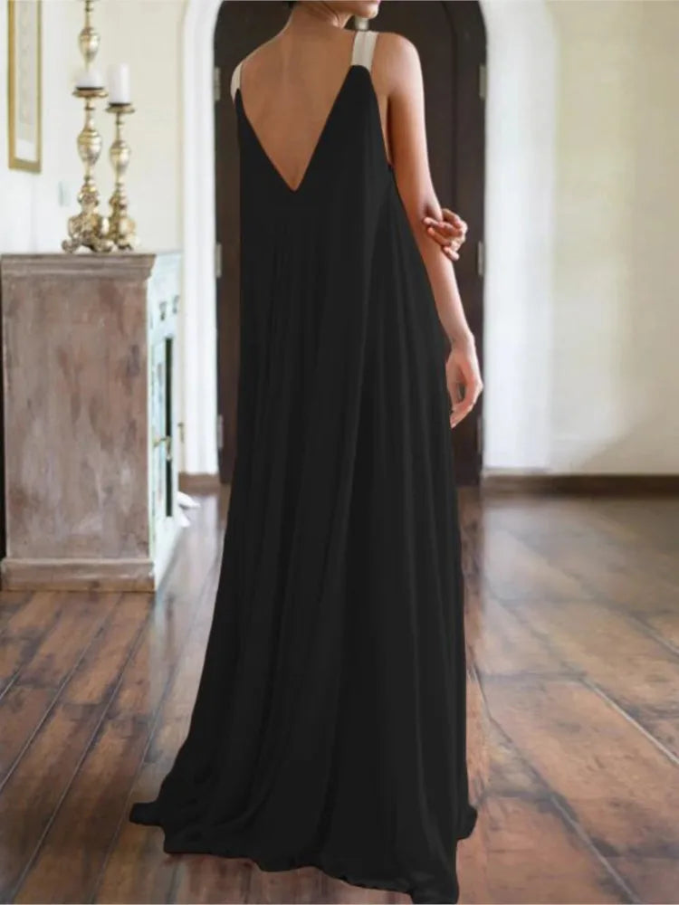 Women's Solid Color Maxi Dress | Elegant Sleeveless V-Neck Boho Style-Mykonostore-Mykonostore
