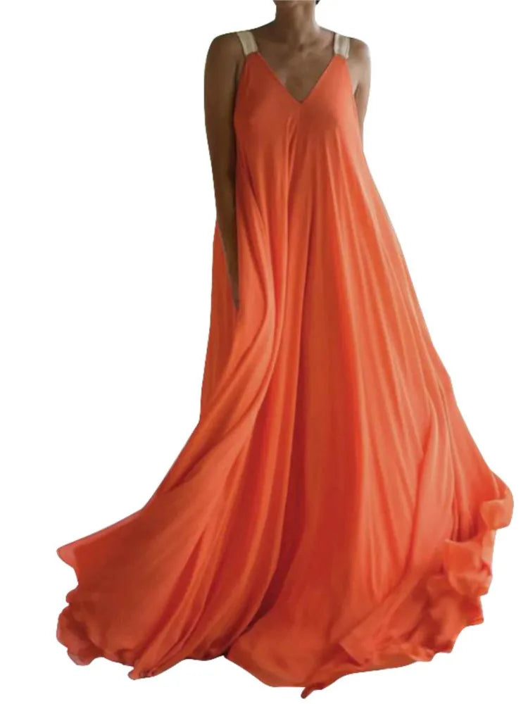 Women's Solid Color Maxi Dress | Elegant Sleeveless V-Neck Boho Style-Mykonostore-Mykonostore