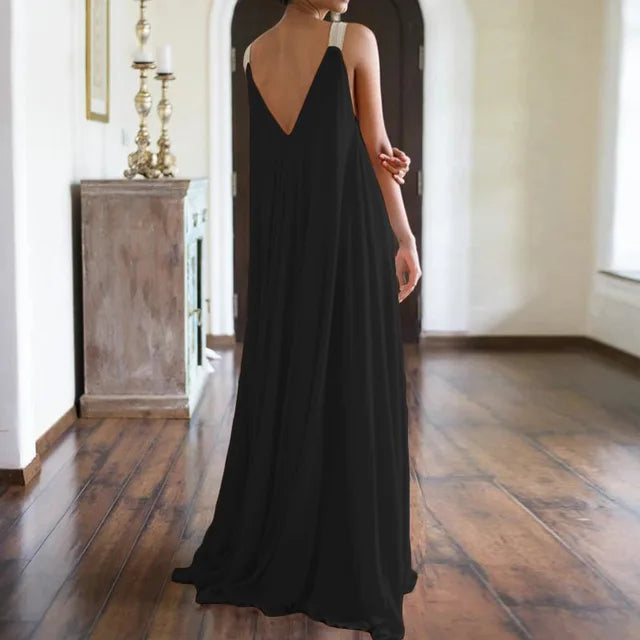 Women's Solid Color Maxi Dress | Elegant Sleeveless V-Neck Boho Style-Mykonostore-Black-S-Mykonostore