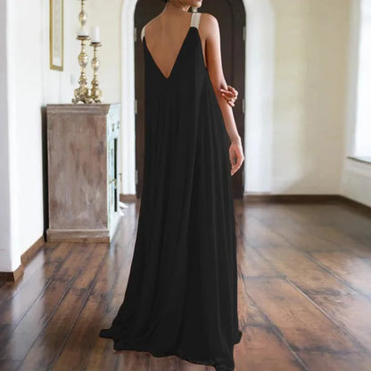 Women's Solid Color Maxi Dress | Elegant Sleeveless V-Neck Boho Style-Mykonostore-Black-S-Mykonostore